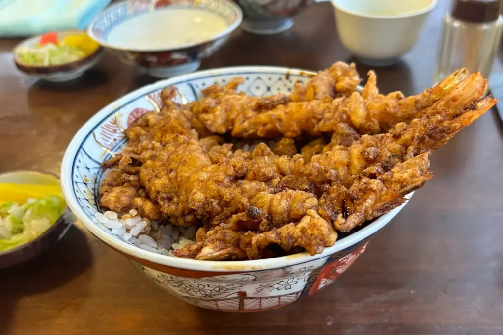 Daikokuya tendon bowl topped with shrimp and vegetable tempura in Asakusa