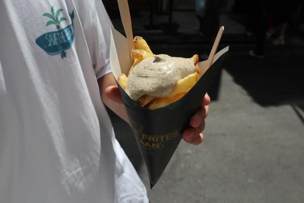 A paper cone of long fries topped with creamy sauce held outdoors