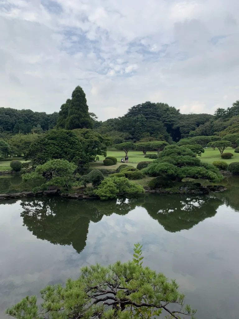Japanese garden and pond surrounded by greenery in Shinjuku Gyoen