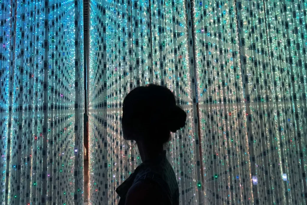 A silhouetted visitor standing in front of blue and green illuminated strands