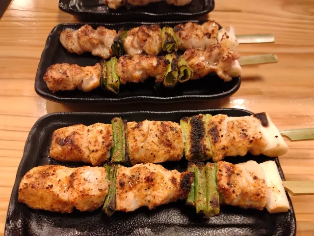 Grilled chicken and scallion skewers served on black plates