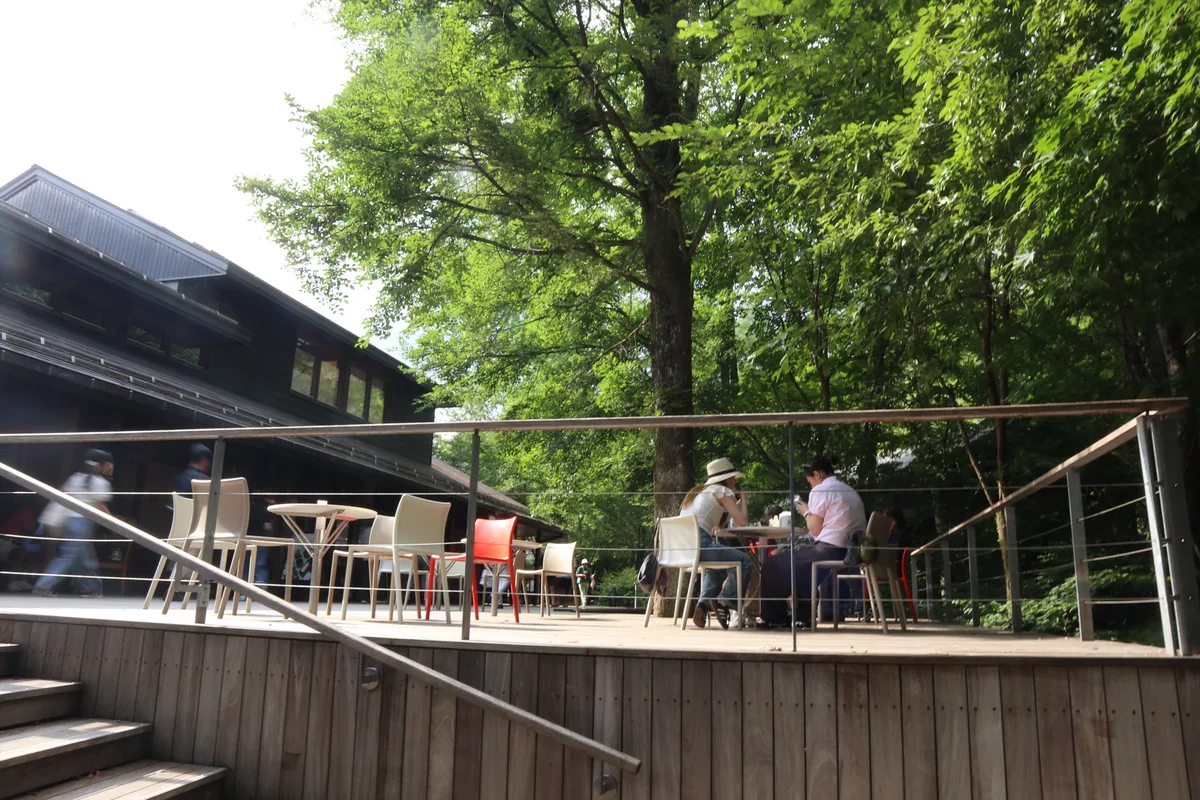Shops and wooden walkways at Harunire Terrace in Karuizawa.