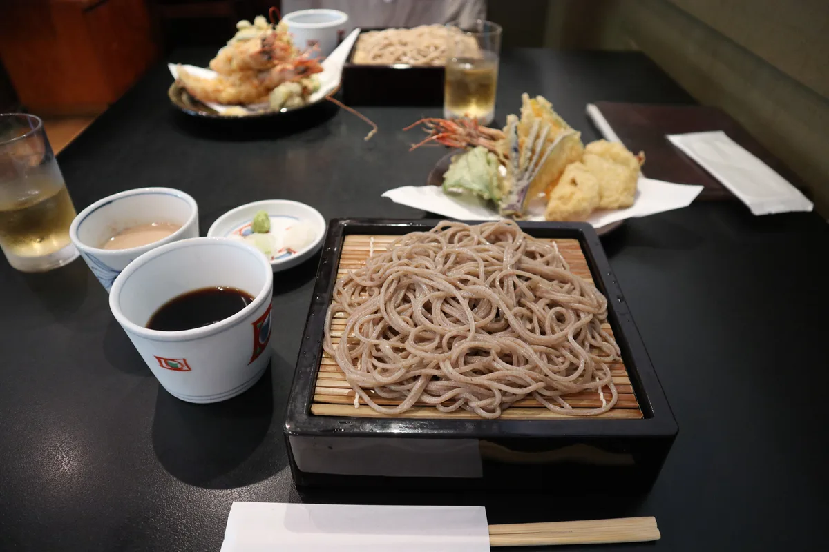 Cold zaru soba with assorted tempura at Kawakami-an in Karuizawa.