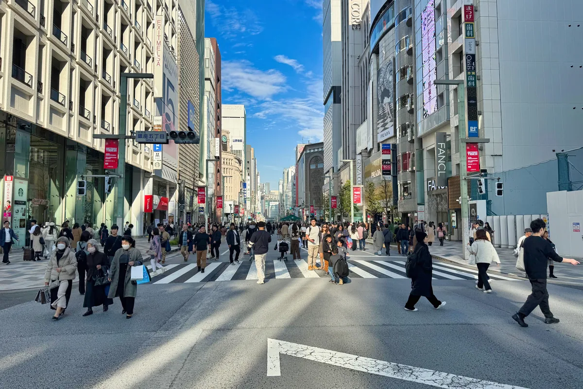 Pedestrians walking along Chuo-dori Avenue in Ginza