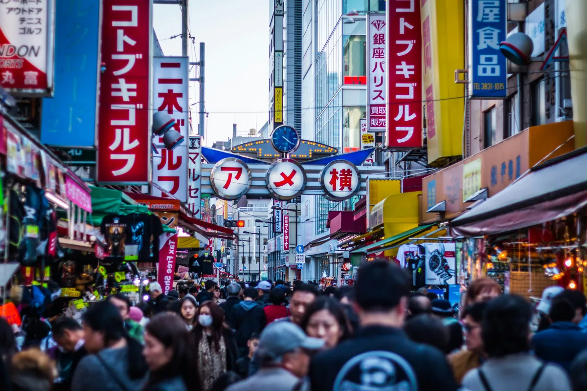 Shops and visitors along Ameyoko near Ueno Station
